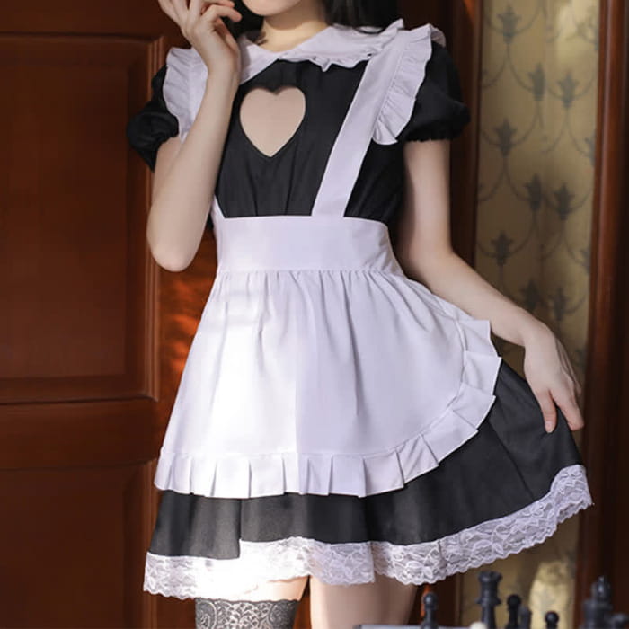 Sweet Love Heart Hollow Out Ruffled Maid Dress - Black