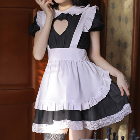Sweet Love Heart Hollow Out Ruffled Maid Dress - Black