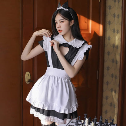 Sweet Love Heart Hollow Out Ruffled Maid Dress - Black