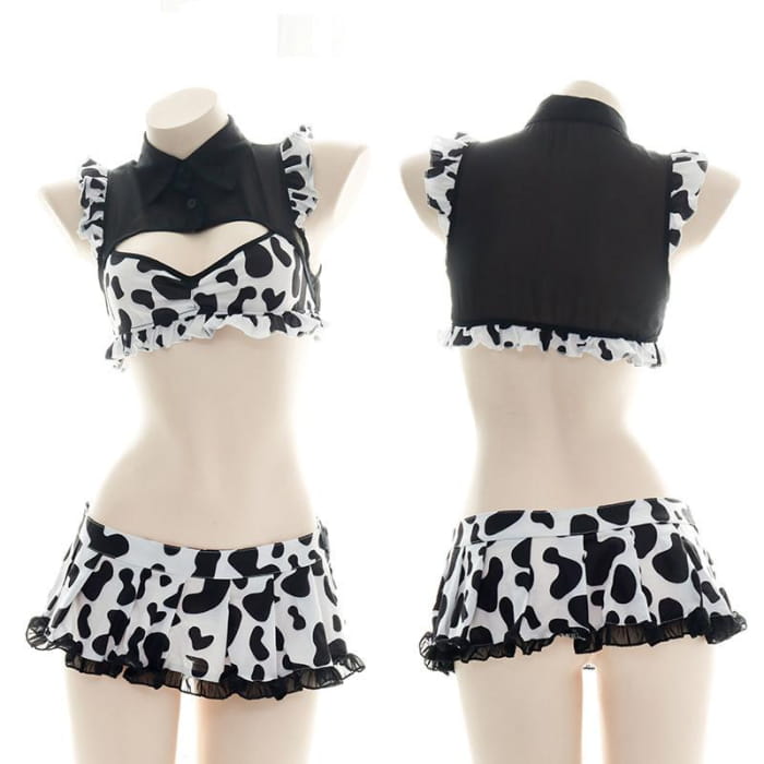 Sweet Maid Cow Print Cutout Lingerie Suit - Black / One size