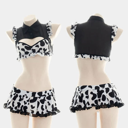 Sweet Maid Cow Print Cutout Lingerie Suit - Black / One size