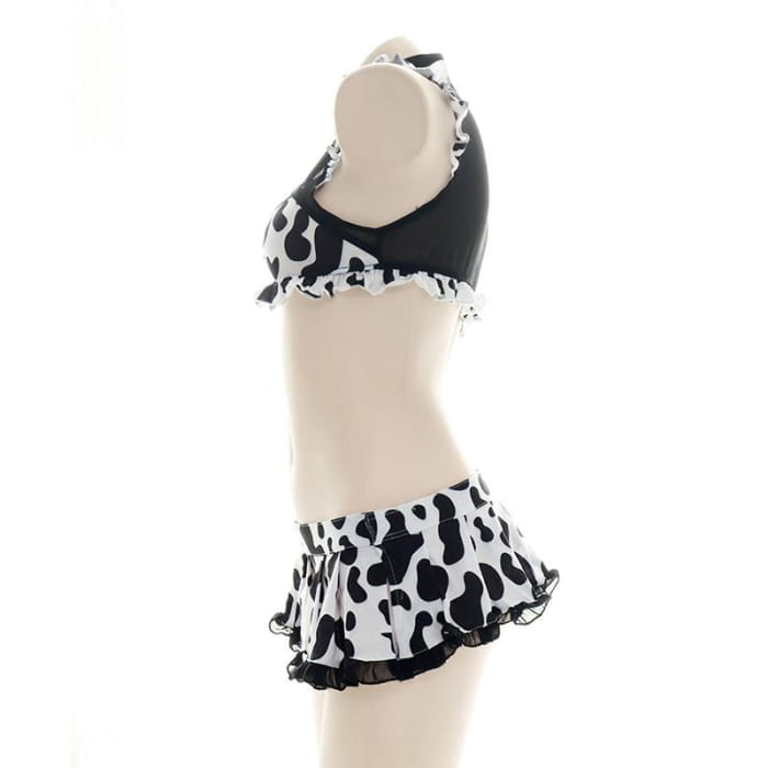 Sweet Maid Cow Print Cutout Lingerie Suit - Black / One size