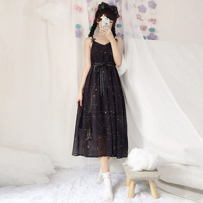 Sweet Meteorite Print Slip Dress Cardigan Set - Black / M