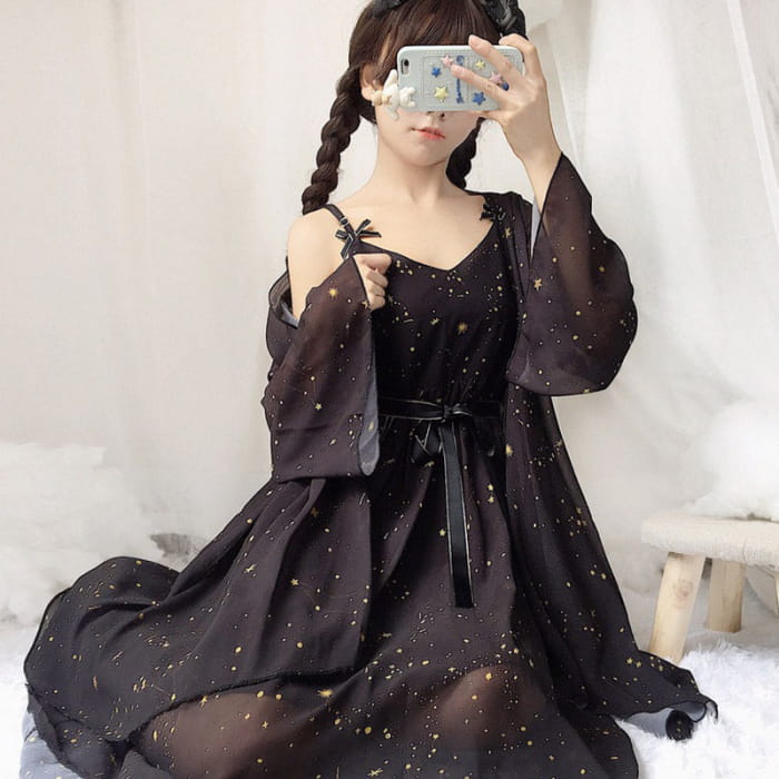 Sweet Meteorite Print Slip Dress Cardigan Set - Black / M