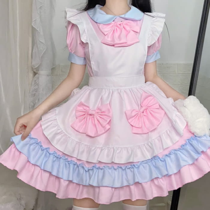 Sweet Pink Bow Knot Ruffled Maid Lolita Dress