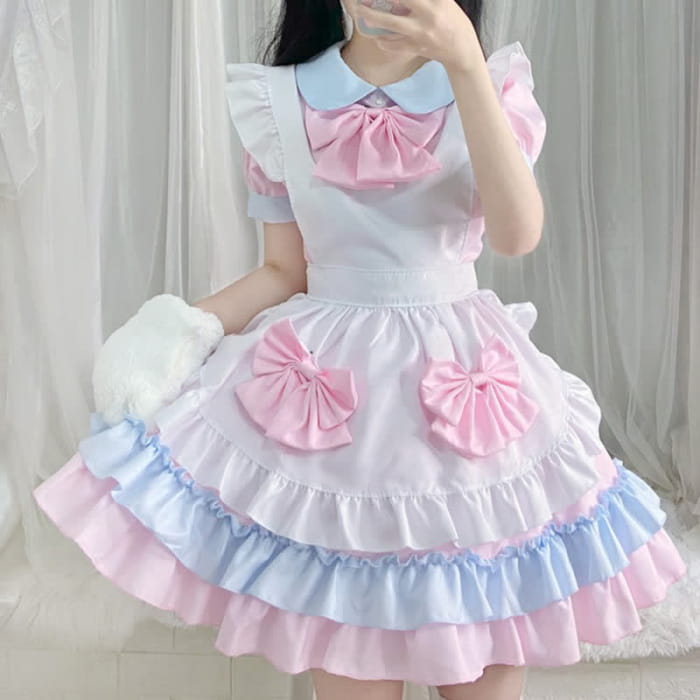 Sweet Pink Bow Knot Ruffled Maid Lolita Dress
