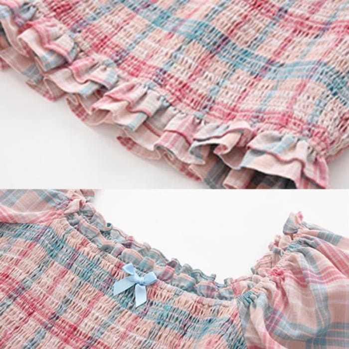 Sweet Pink Plaid Puff Sleeve Top T-Shirt Split Wide-leg