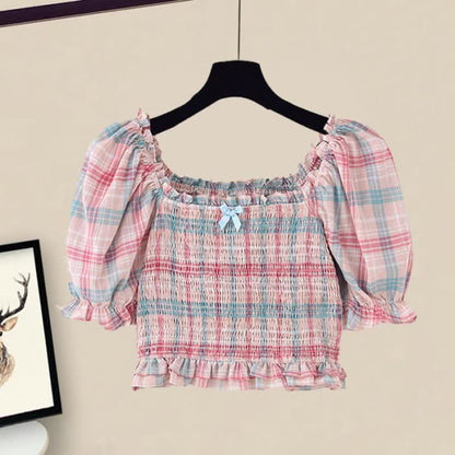 Sweet Pink Plaid Puff Sleeve Top T-Shirt Split Wide-leg