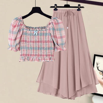 Sweet Pink Plaid Puff Sleeve Top T-Shirt Split Wide-leg