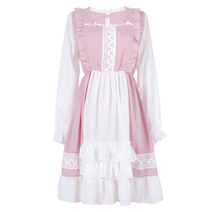 Sweet Pink Ruffle Hem Stitching Dress