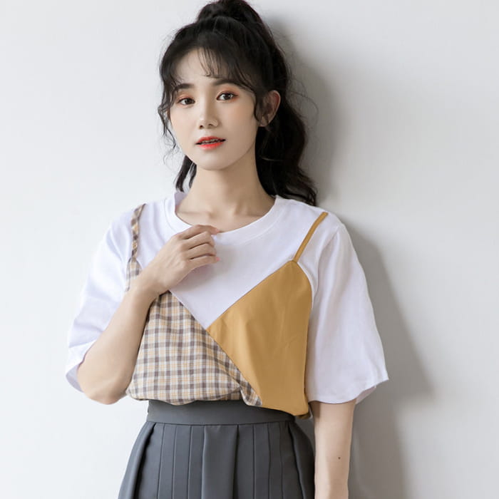 Sweet Plaid Color Block Fake Two Piece T-Shirt