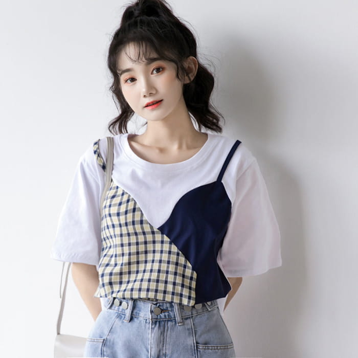 Sweet Plaid Color Block Fake Two Piece T-Shirt