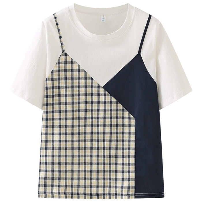Sweet Plaid Color Block Fake Two Piece T-Shirt - Blue / S