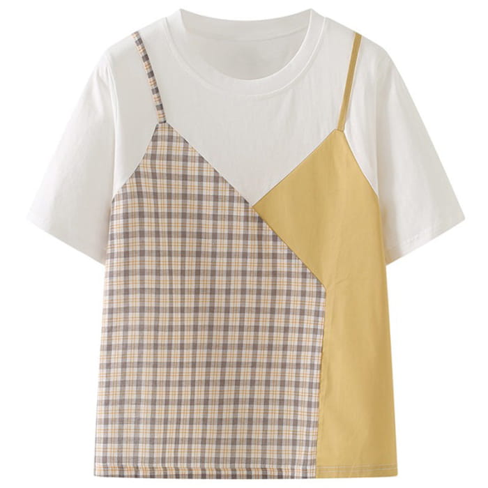 Sweet Plaid Color Block Fake Two Piece T-Shirt - Yellow / S