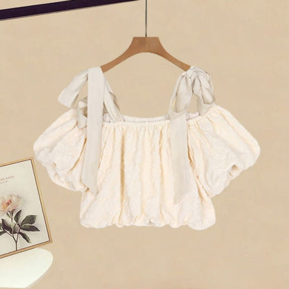 Sweet Puff Sleeve Off The Shoulder Crop T-Shirt Flouncing