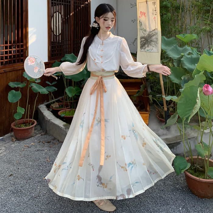 Sweet Puff Sleeve Shirt Floral Print Pleated Midi Skirt