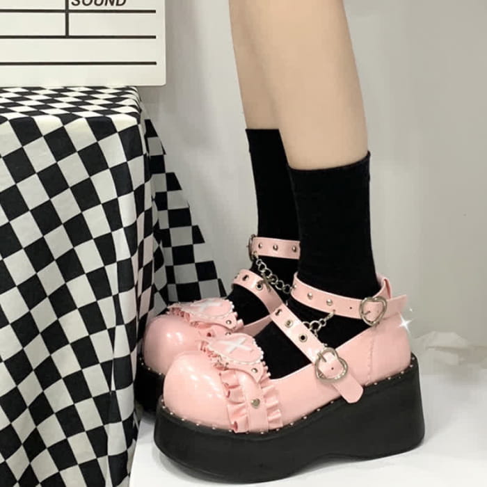 Sweet Punk Cross Love Heart Chain Strap Buckle Platform