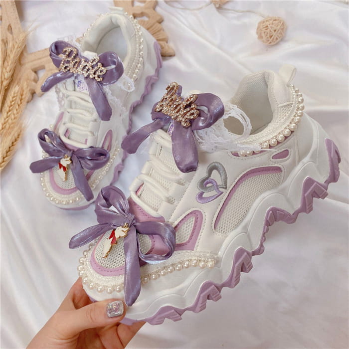 Sweet Purple Bow Lace Up Sneakers - 35