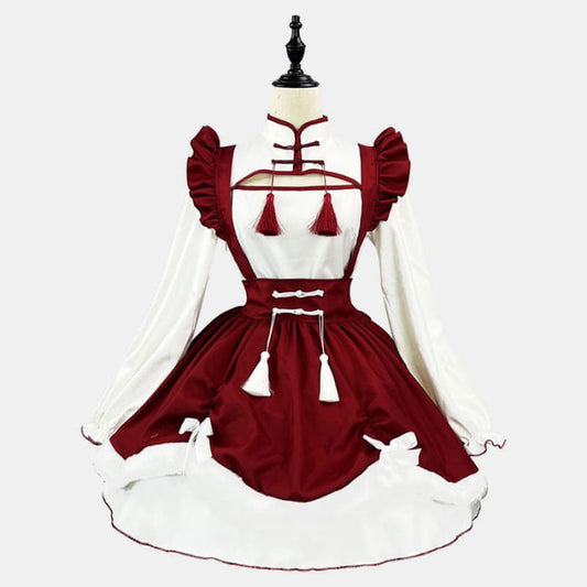 Sweet Red Buckle Tassel Lolita Maid Dress - Wine / S