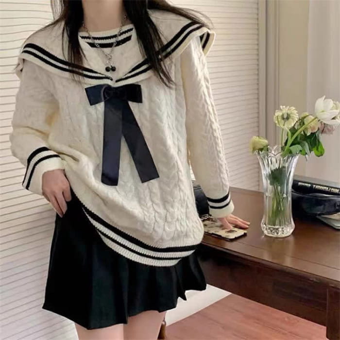 Sweet Sailor Collar Sweater Lattice Pleated Skirt Set