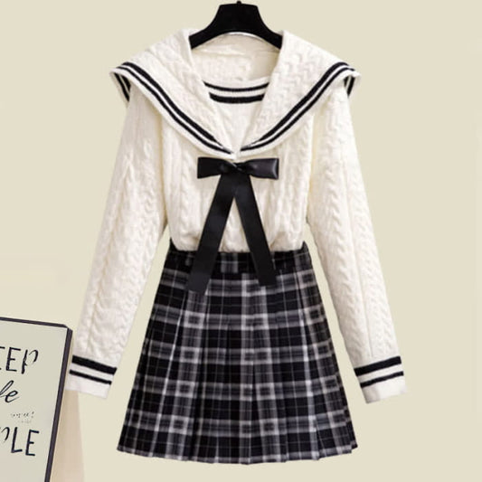 Sweet Sailor Collar Sweater Lattice Pleated Skirt Set