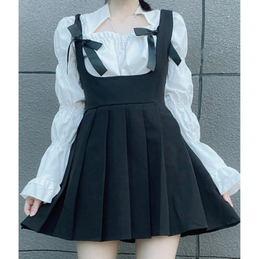 Sweet Square Collar Puff Sleeve Shirt Pleated Suspender