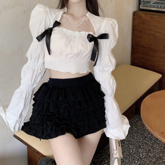 Sweet Square Collar Puff Sleeve Shirt Pleated Suspender