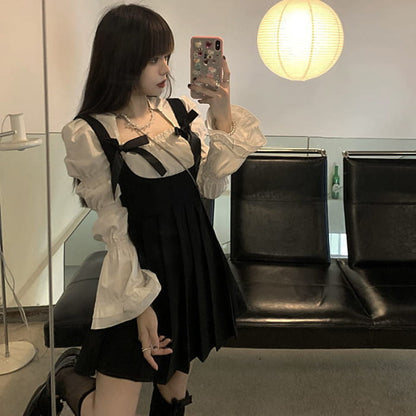 Sweet Square Collar Puff Sleeve Shirt Pleated Suspender