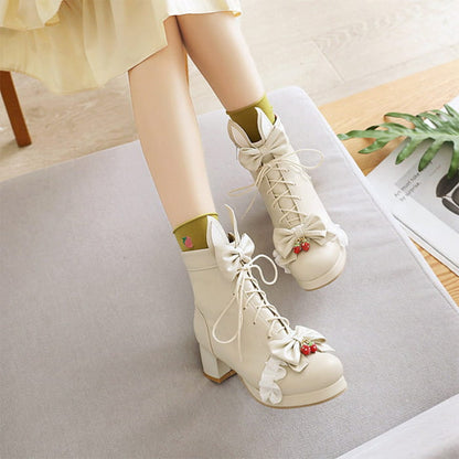 Sweet Strawberry Bow Lolita Lace Up Boots