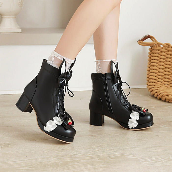 Sweet Strawberry Bow Lolita Lace Up Boots