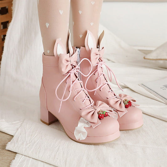 Sweet Strawberry Bow Lolita Lace Up Boots