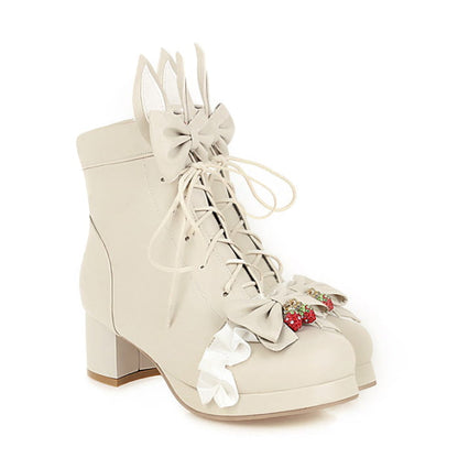 Sweet Strawberry Bow Lolita Lace Up Boots - Beige / 35