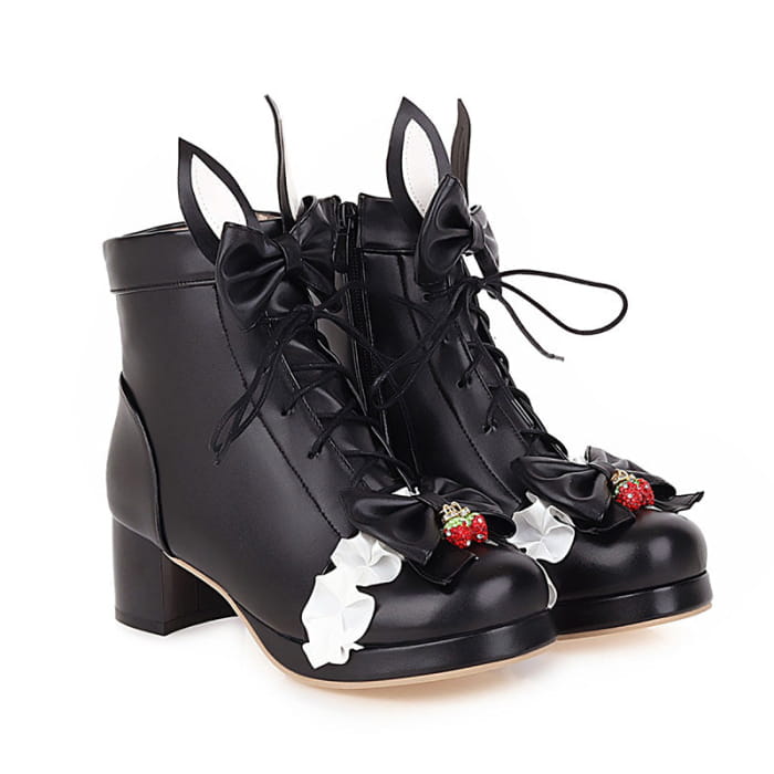 Sweet Strawberry Bow Lolita Lace Up Boots - Black / 35