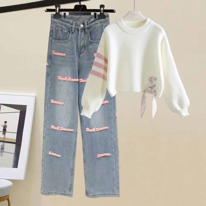 Sweet Stripe Sleeve Sweater Letter Casual Denim Pants - Set