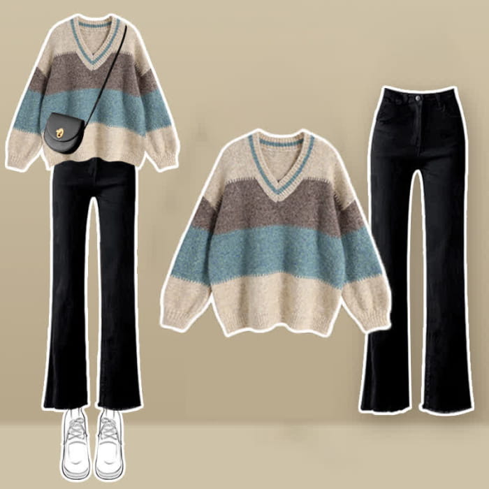 Sweet Stripe Sweater Casual Pants Set modakawa