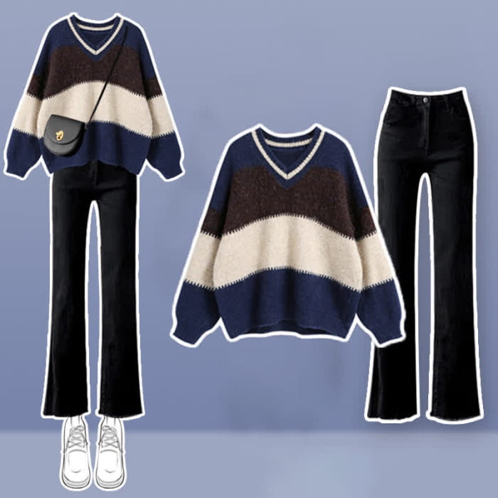 Sweet Stripe Sweater Casual Pants Set modakawa