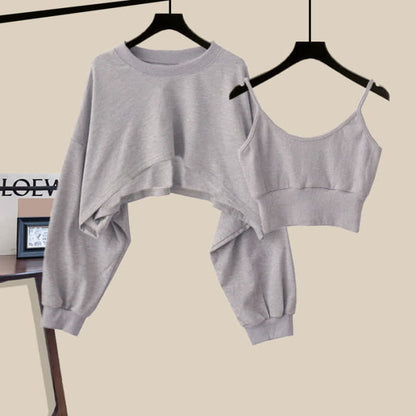 Sweet Tank Top Sweatshirt Casual Pants Set - Gray Top