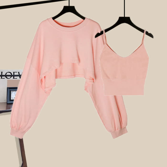 Sweet Tank Top Sweatshirt Casual Pants Set - Pink Top