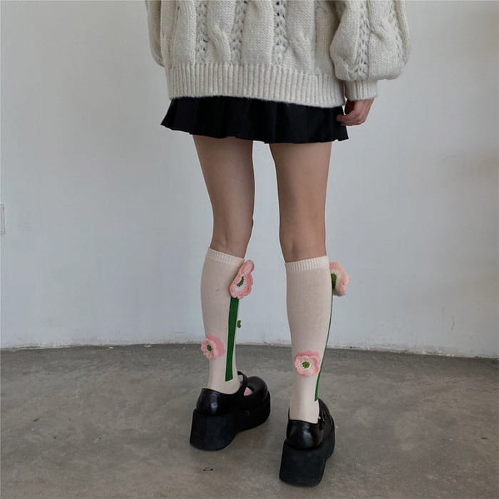 Sweet Tulip Pattern Print Knit Ankle Socks