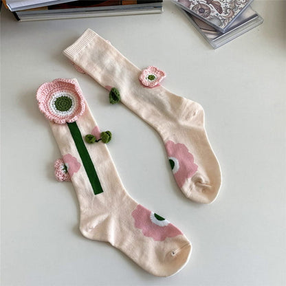 Sweet Tulip Pattern Print Knit Ankle Socks - Apricot