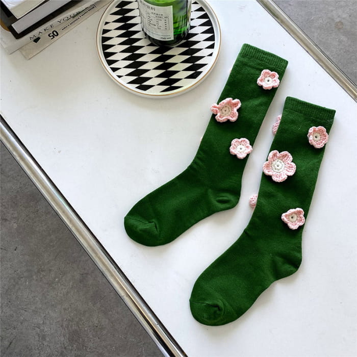 Sweet Tulip Pattern Print Knit Ankle Socks - Green