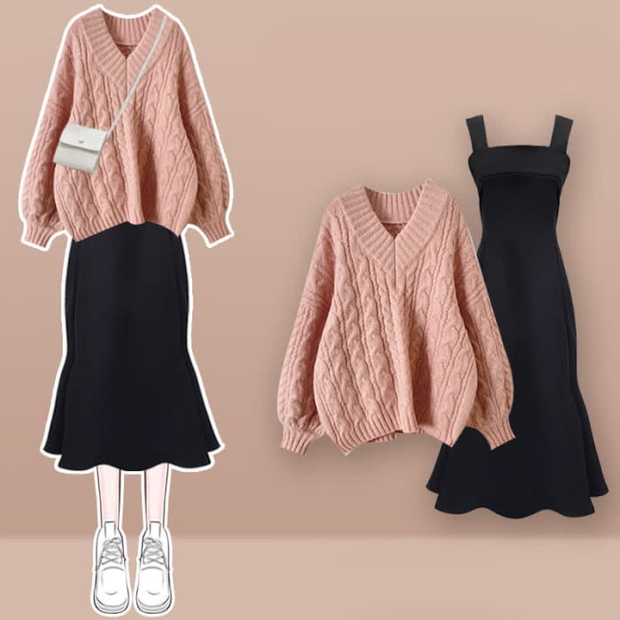 Sweet V-neck Cable Sweater Slip Dress Set
