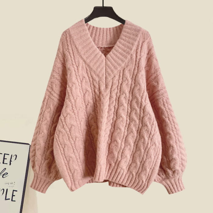 Sweet V-neck Cable Sweater Slip Dress Set - M
