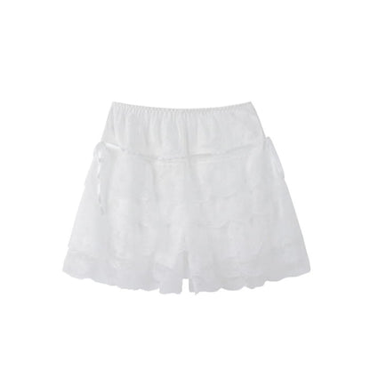 Sweet White Lace-up Layered Lace Trim Undershorts - One Size