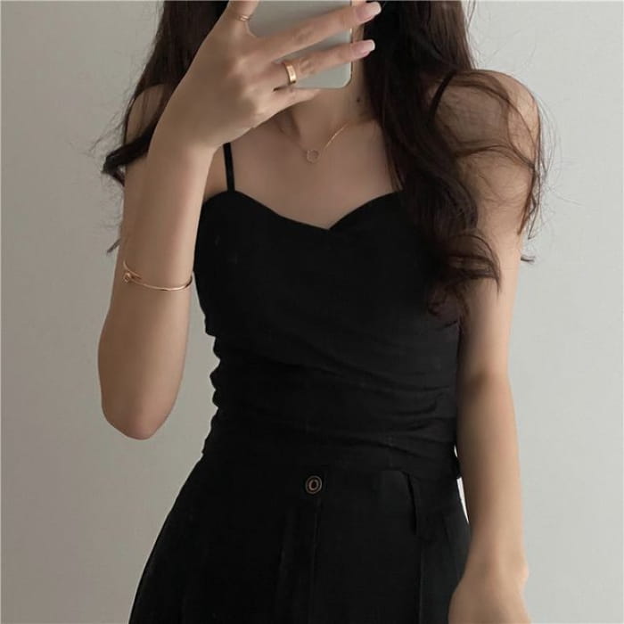 Sweetheart Neckline Plain Crop Camisole Top - Black