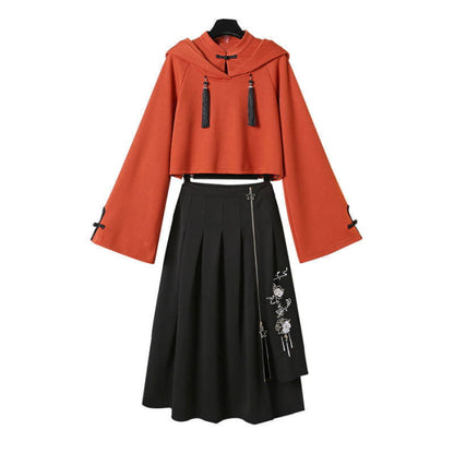 Tassel Hoodie Vintage Sweatshirt Skirt Set