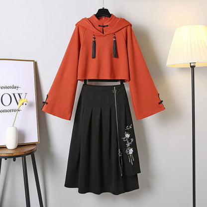 Tassel Hoodie Vintage Sweatshirt Skirt Set - Red / M