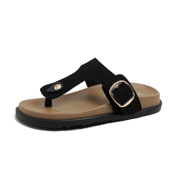 Thong Slide Sandals - Faux Suede - Black / 35