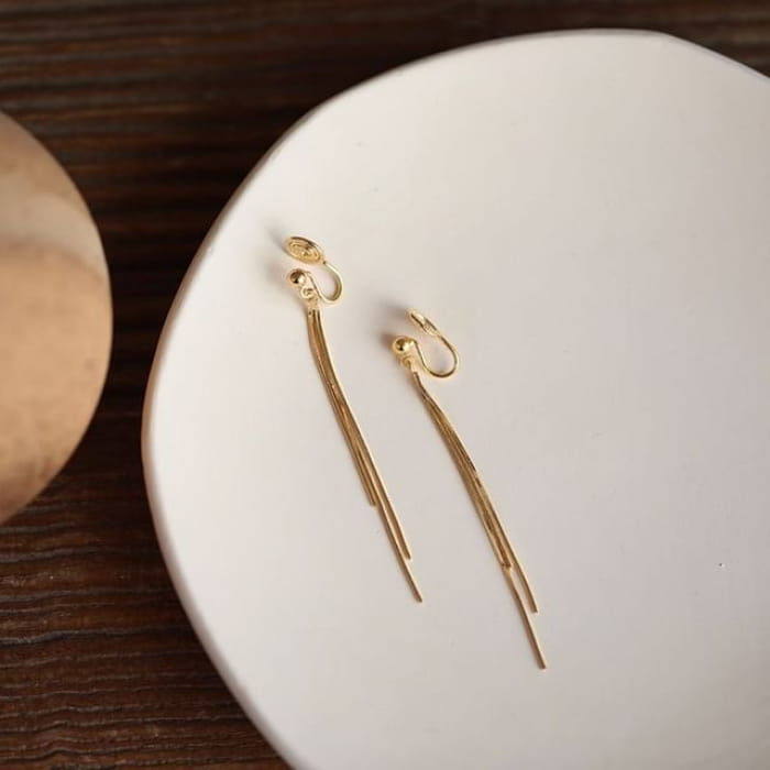 Threader Earring / Clip On - 1 Pair - Gold / One Size