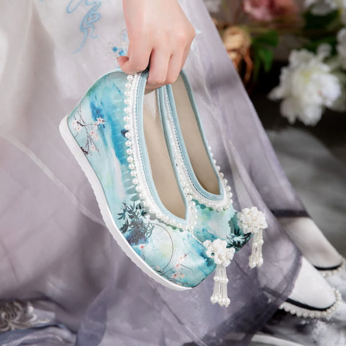 Tie-dye Floral Print Pearl Decor Shoes